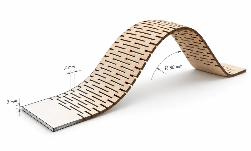 Laser living hinge test: 3 mm plywood strip with rows of staggered cuts bent into an arch, row pitch 2 mm and bend radius 30 mm marked, half sketch, half photo