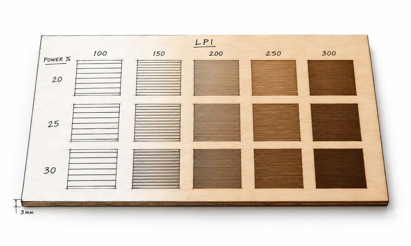 Laser LPI test on 3 mm plywood: engraved squares from 100 to 300 lines per inch at three powers, lines merging from left to right, drawn as half sketch, half photo