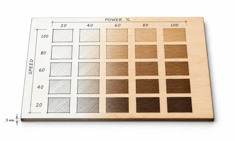 Laser material test grid engraved on 3 mm plywood: power 20 to 100 percent by speed, drawn as half sketch, half photo