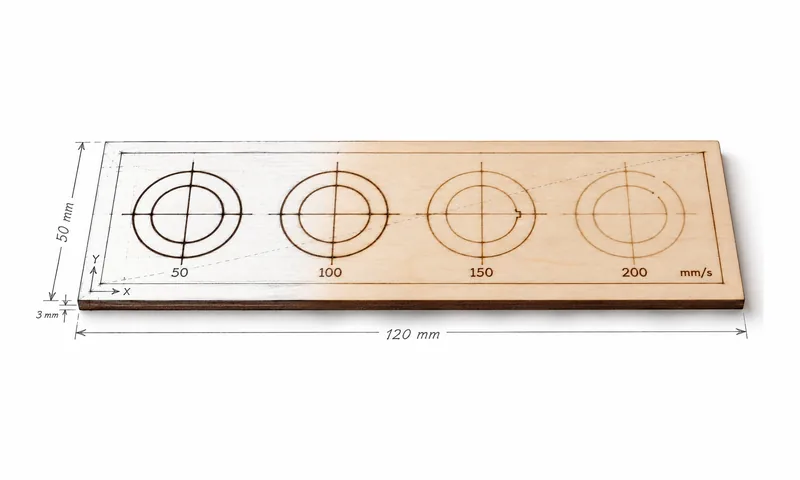 Laser mechanics test on 3 mm plywood: circles with crosses at 50 to 200 mm/s, clean at low speed, a step and gaps at high speed, half sketch, half photo