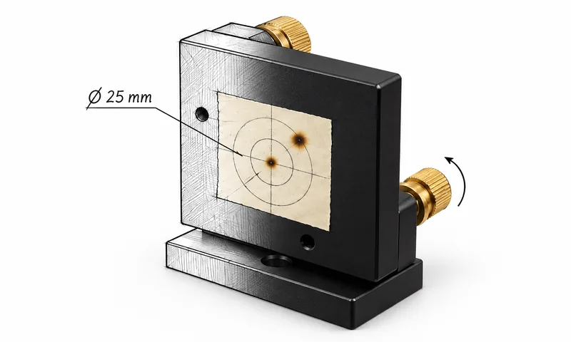CO2 laser mirror holder with brass adjusting screws, tape target with two burn marks and a turn arrow, drawn as half sketch, half photo