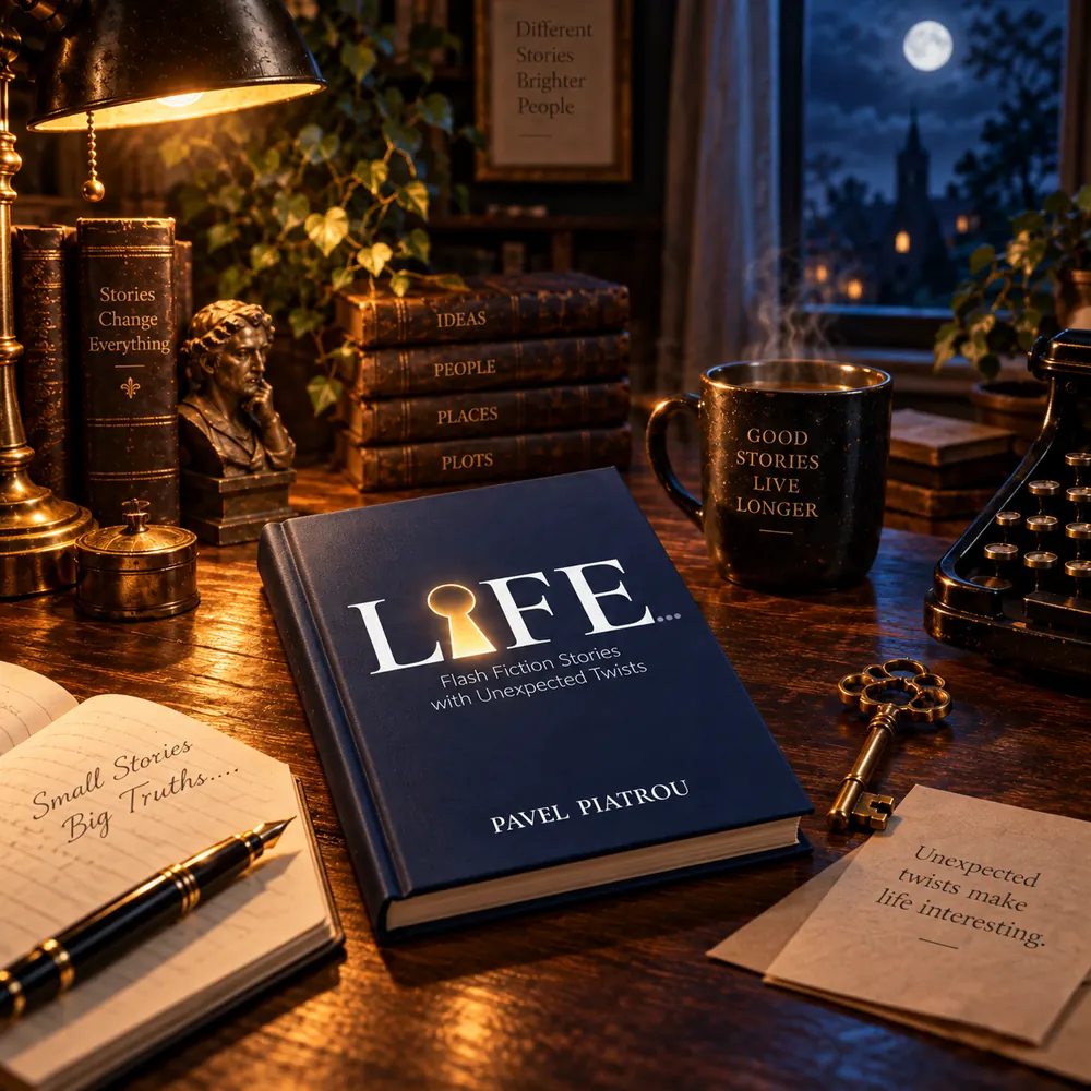 Life… Flash Fiction Stories with Unexpected Twists by Pavel Piatrou, book on a desk by lamplight