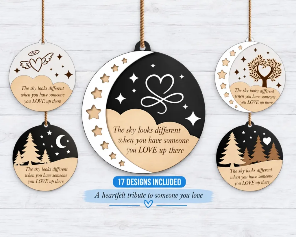 Layered memorial Christmas ornaments with the words "The sky looks different when you have someone you love up there"