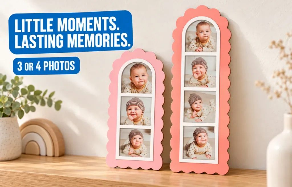 Wooden photo strip frames for 3 or 4 baby photos on a shelf