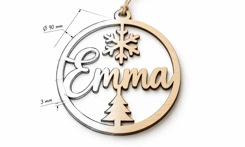 Personalized laser cut Christmas ornament with a name, snowflake and tree