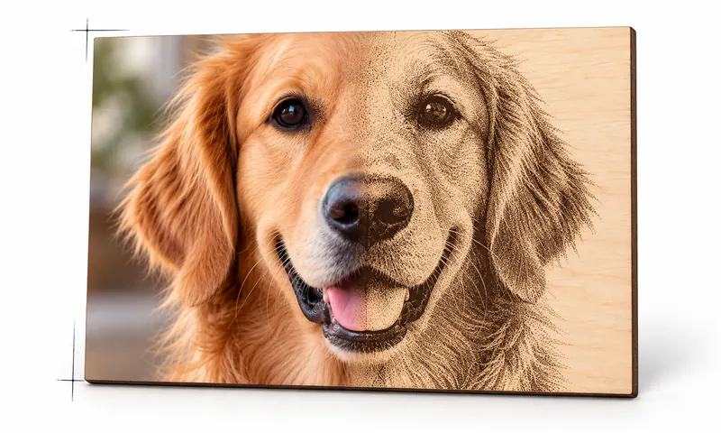Golden retriever photo laser engraved on a wooden plaque: half photo, half engraving