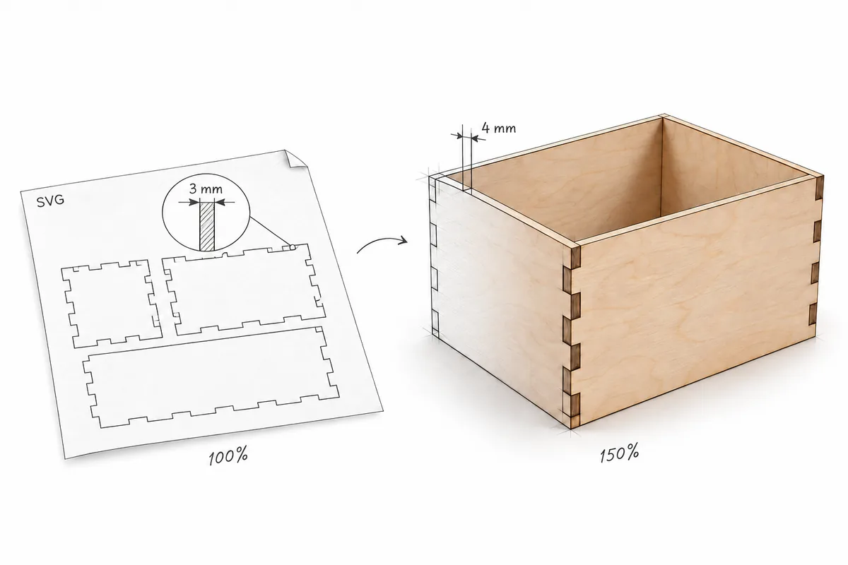A laser cut box SVG drawn at 100 % with 3 mm slots, and the same box scaled to 150 % in plywood with 4 mm walls: resize and refit with Fit My File