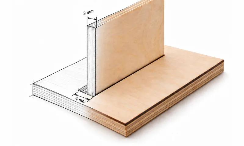 A 3 mm plywood panel standing in a slot cut 4 mm wide, half sketch, half photo: a laser cut joint that does not fit the material