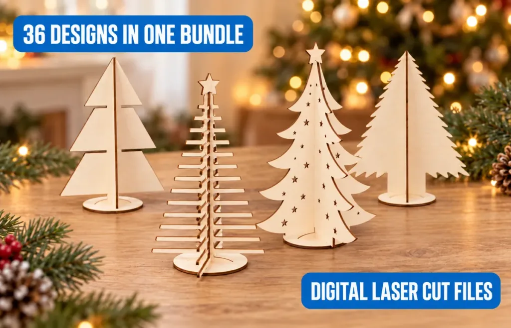 Four plywood tabletop Christmas trees on a wooden table in front of a decorated Christmas tree