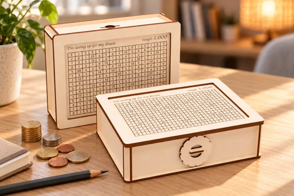 Two laser cut birch plywood coin banks with a 1,000 goal, one standing and one lying flat, with coins on an oak desk