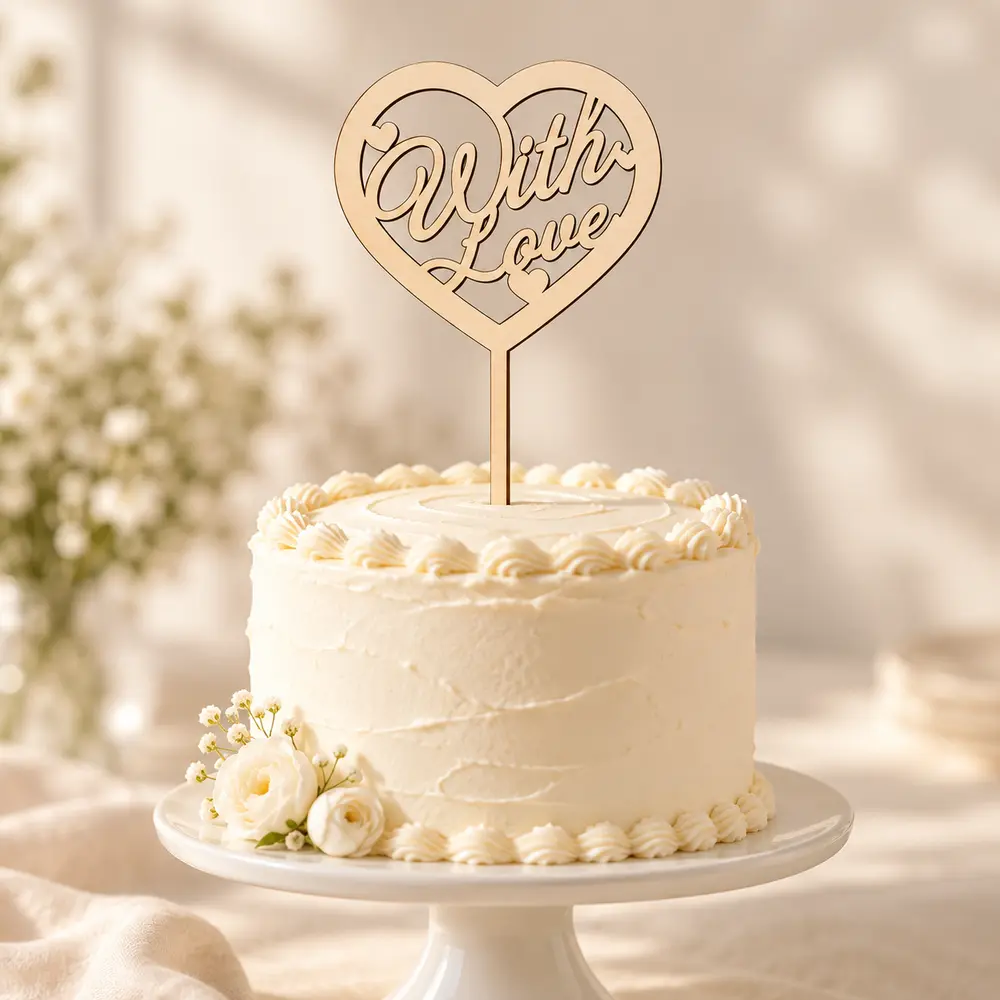 With Love laser cut heart cake topper on a white cake