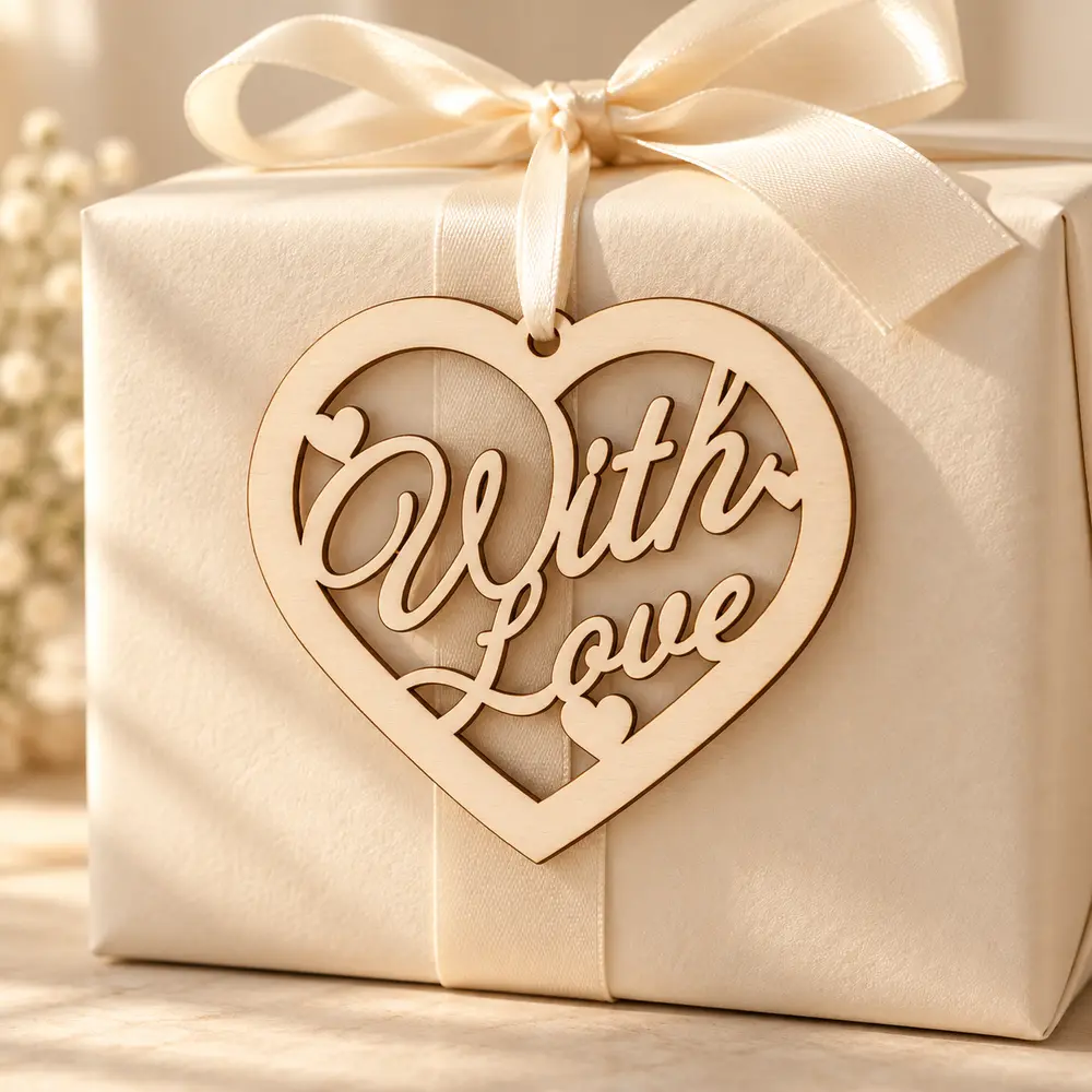 With Love laser cut plywood heart ornament as a gift tag on a wrapped present