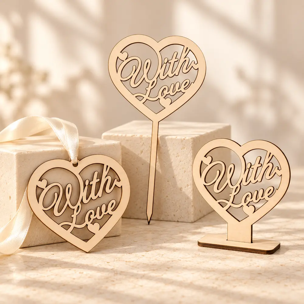 With Love laser cut heart set: hanging ornament, cake topper and standing heart in plywood