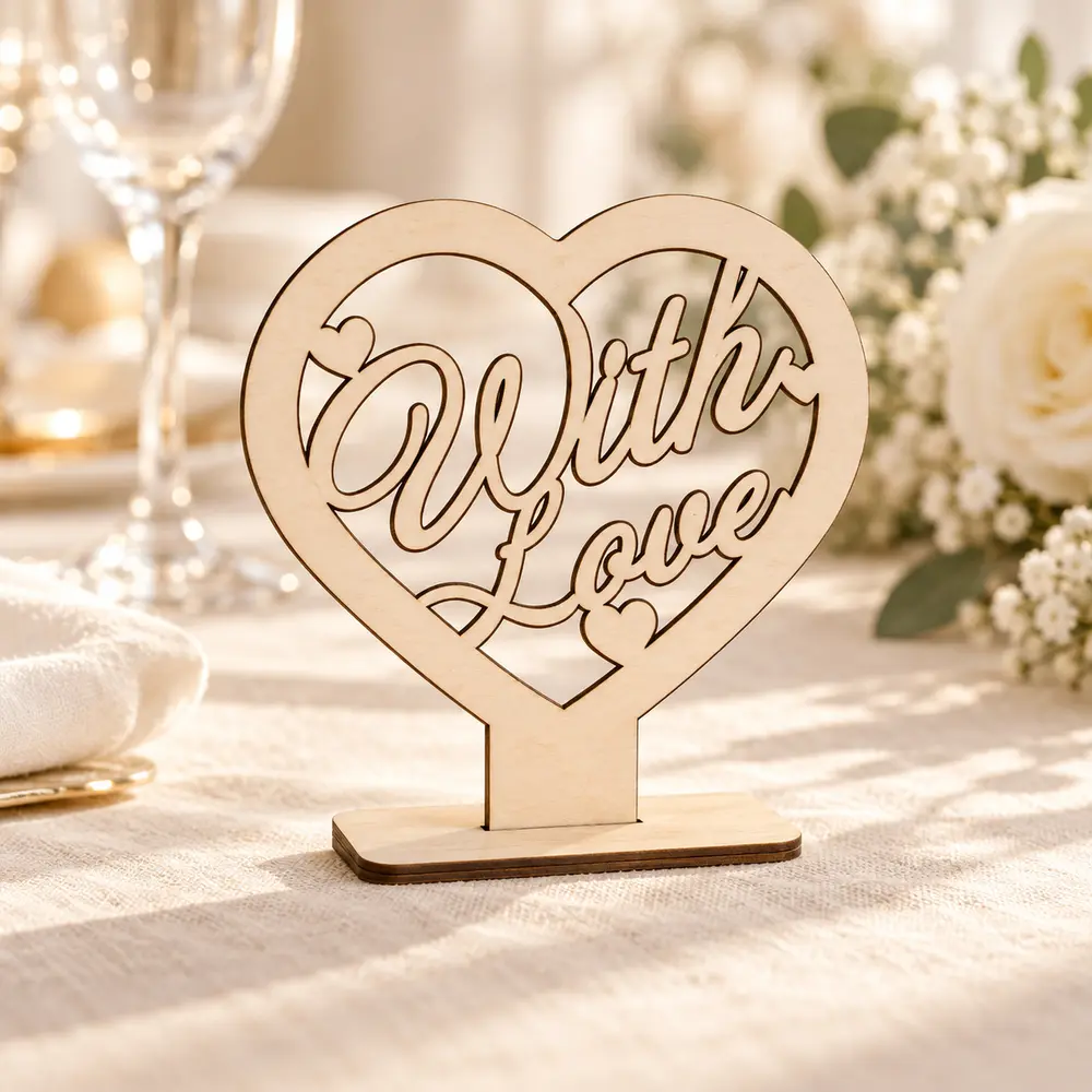 With Love laser cut standing heart with slotted base on a table