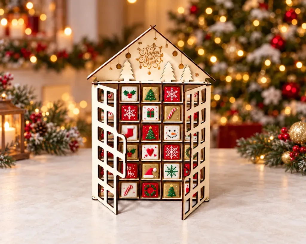 Wooden Advent calendar house with open doors and 24 treat cells next to a Christmas tree